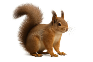 Obraz premium Red squirrel with bushy tail standing, looking right