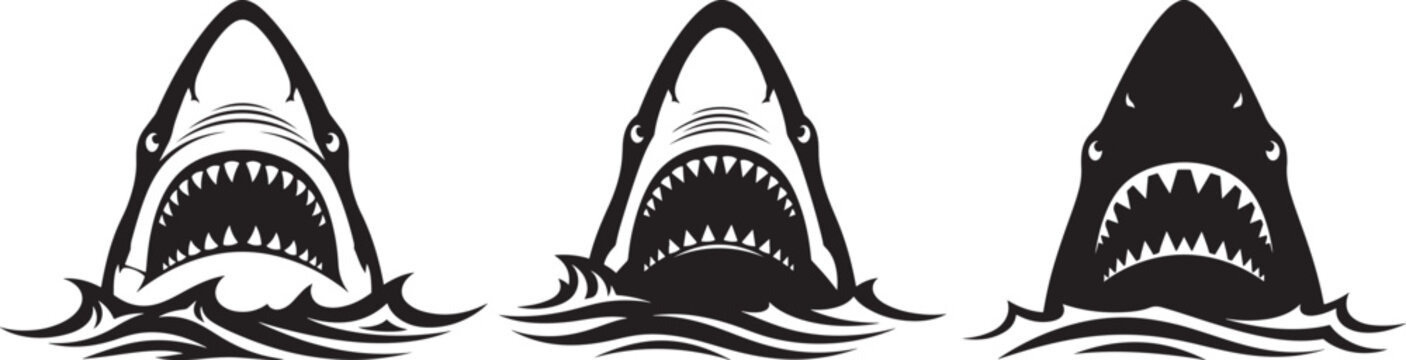 Three fierce shark silhouettes emerging from wavy water silhouette