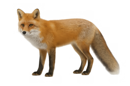 Red fox standing with transparent background, cutout animal