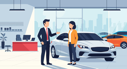 Flat vector of salesperson showing new car to clients in showroom, automotive sales and marketing illustration