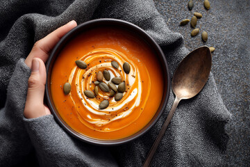 ChatGPT said:

Spiced pumpkin soup in a ceramic bowl, swirl of cream, toasted pepitas, rustic spoon placed aside, matte backdrop, editorial food look