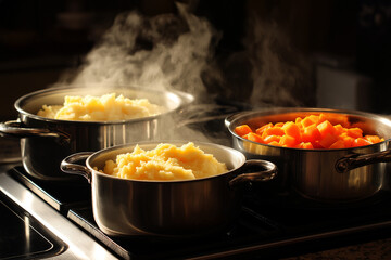 Stove top with three pots: mashed potatoes, gravy, and glazed carrots, lids slightly ajar, gentle steam, bright even light, no brand marks