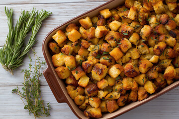 Stuffing in a rectangular baking dish, crisp herb crouton texture, rosemary and thyme sprigs nearby, bright even light, no branding