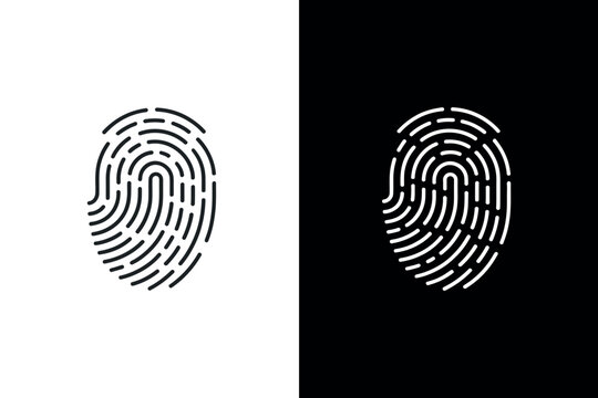 Monochrome fingerprint icon set on black and white backgrounds &mdash; unique thumbprint vector symbols representing security, biometrics, digital identity, access control, and personal authentication desig