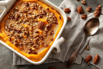 Sweet potato casserole in a baking dish with pecan topping, spoon beside, linen potholder, bright natural light, appetizing overhead composition