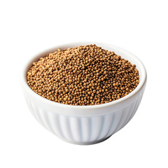 Dried white mustard seeds in white ceramic bowl Isolated transparent on white background