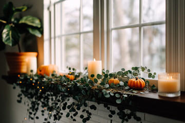 Thanksgiving mantel decor: evergreen and eucalyptus garland with small pumpkins, unscented candles unlit, matte wall, morning window light, uncluttered