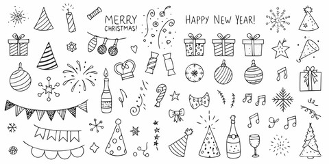 Collection of hand drawn doodle elements for christmas and new year celebrations