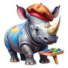 PNG vector of an artistic rhino painting on canvas wearing a beret. Creative and colorful fantasy style showing whimsical and imaginative wildlife art perfect for design and branding