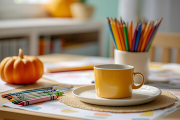 Thanksgiving kids’ table concept without people: blank paper placemats, crayons without labels, small pumpkin, simple cup, bright daylight