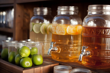 Thanksgiving beverage station: glass dispensers with citrus water and apple cider, plain cups stacked, minimal signage area (blank), clean hospitality framing