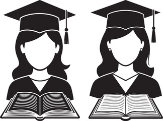 Two graduating students in caps and gowns holding open books silhouette
