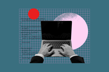 Collage of person choosing between digital worlds of modern technology online interaction techs...