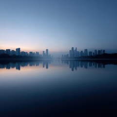 Fototapeta premium Calm lake with reflection of city skyline, perfect rest balance,