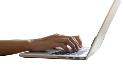 Close-up of hand typing on a laptop, side view. The device is isolated on a black background
