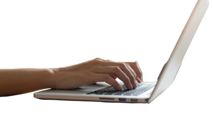 Close-up of hand typing on a laptop, side view. The device is isolated on a black background