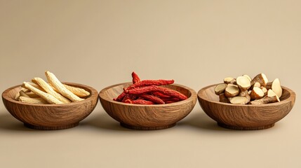 Elegant wooden dishes on beige backdrop