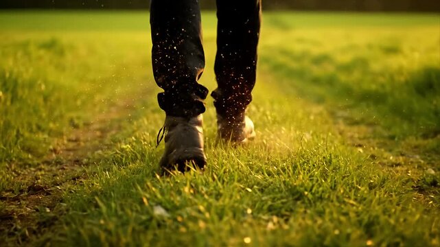 Detailed slow motion view of feet walking through lush green grass during golden hour illuminated by warm sunlight and sparkling dust creating a magical natural