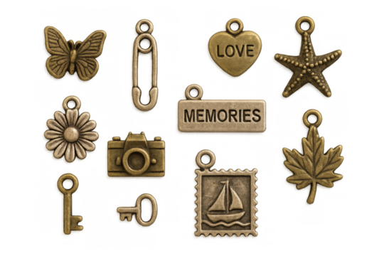 Vintage bronze charms creating jewelry and scrapbook crafts