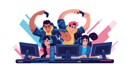 Teen gamers competing intensely at a gaming rig in cyber-style environment, focused expressions, modern e-sports illustration design. © bow