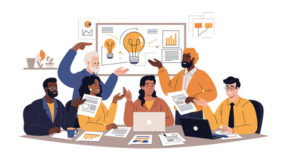 Diverse business team brainstorming innovative ideas in modern office, discussing strategy and charts, flat vector illustration design.