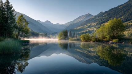 Fototapeta premium Mountain Lake at Sunrise with Reflections of Trees and Peaks in Calm Water