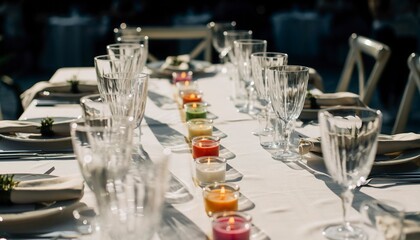 Elegant Outdoor Dining Table with Colorful Candles and Glassware