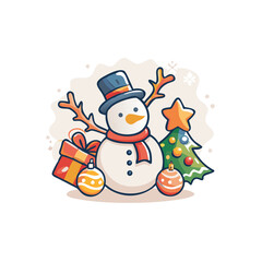 Illustration of a snowman with gift, christmas tree