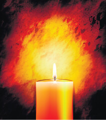 Burning candle on a background of parchment, vector art illustration.