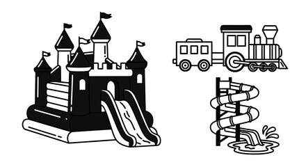 Fototapeta premium Inflatable castle, train, and water slide line art illustration.
