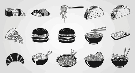 Collection of various food icons including sushi, tacos, pizza, burgers, noodles, and more in black and white vector style.