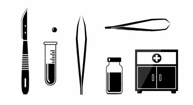 Black and white illustration of various medical and laboratory instruments including a scalpel, test tube, tweezers, bottle, and cabinet.