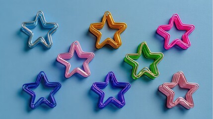 Obraz premium a top view of ten colored binder clips arranged in the shape of stars on a blue paper background with copy space for an image