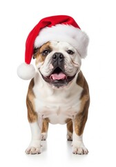Obraz premium Happy bulldog dog smiling and panting while wearing a cheerful red Santa hat on white.Isolated white background 