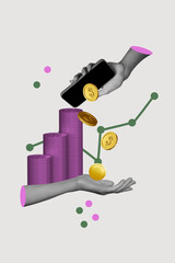 3D collage design artwork sketch of bank money income savings hand hold smartphone online transaction business goal stats charts trader