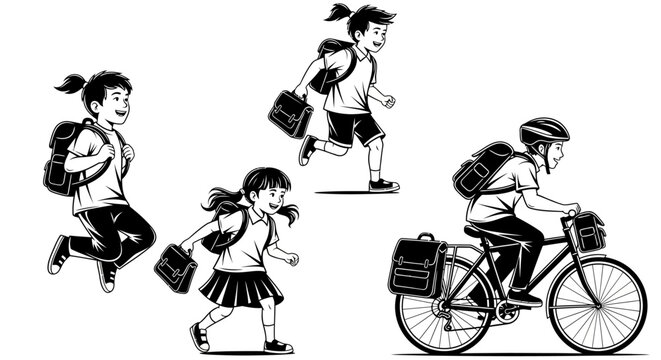 Four children going to school: jumping, running, walking, and riding a bicycle.