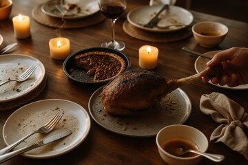 A Cozy Evening Feast Featuring a Deliciously Browned Roast on a Festively Set Dining Table Surrounded by Candles and Leftover Plates
