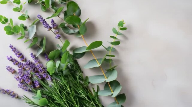 Fresh aromatic lavender eucalyptus and rosemary branches on light background with copy space