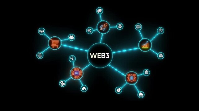 Central WE B3 concept with connected icons representing business finance technology and AI on black background