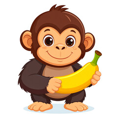 PNG vector of a joyful baby gorilla holding a banana with wide eyes. Cute and vibrant, perfect for wildlife themes, children’s books, educational projects, and character design