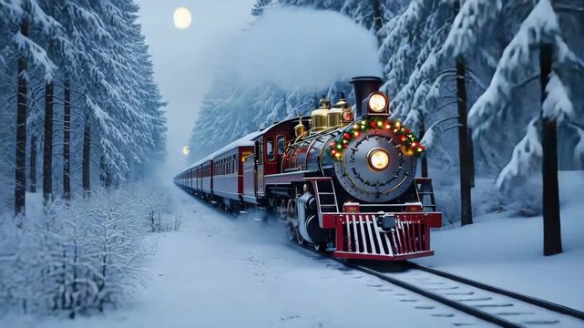 Snowy train journey through winter forest at night. Christmas videos