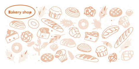 Whimsical hand drawn bakery shop assortment of baked goods and pastries seamless pattern