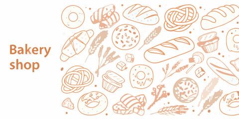 Hand drawn bakery shop illustration with various baked goods and wheat ears on white background