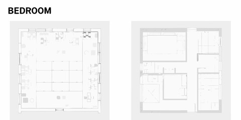 Minimalist architectural floor plan drawings of a bedroom and apartment layout
