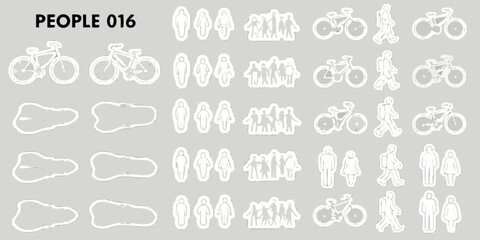 Collection of white silhouette icons of people and bicycles on a gray background