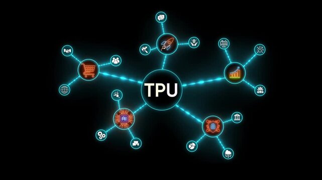 TPU Tensor Processing Unit network diagram with connected icons on black background artificial intelligence