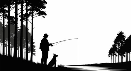 Silhouette of a fisherman and his loyal dog enjoying a peaceful day by the water.