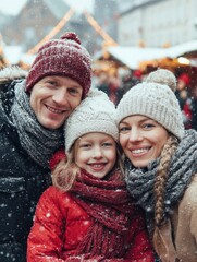 Fototapeta premium family winter holidays and celebration concept happy mother father and little daughter at christmas market on town hall square in tallinn estonia over snow no logos no brands ar 34
