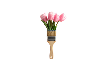 A paint brush with pink tulips growing from it against a stark black background