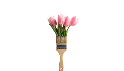 A paint brush with pink tulips growing from it against a stark black background